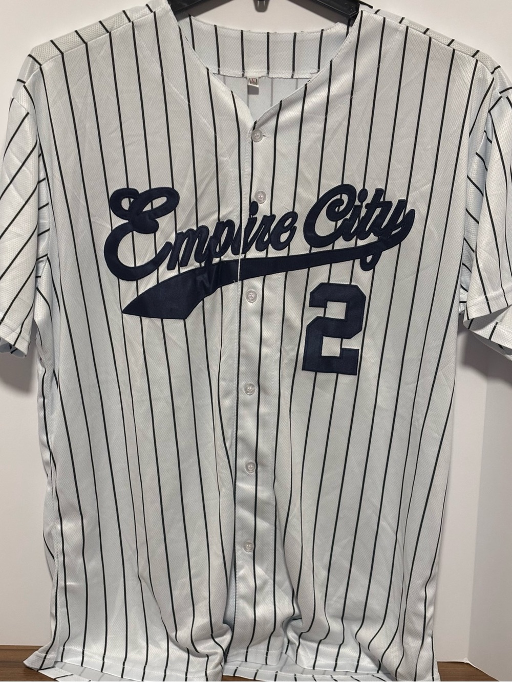 Source Unknown White Pinstripe Baseball Jersey with Navy Script